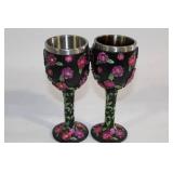 Pair of Decorative Skull Chalice Goblets with Floral Design