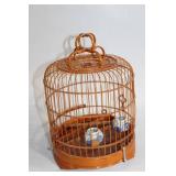 Vintage Wooden Bird Cage with Porcelain Feeding Cups