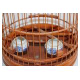 Vintage Wooden Bird Cage with Porcelain Feeding Cups