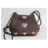 Woven Brown Leather Handbag with Heart Accents