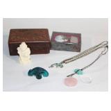 Collection of Handmade Jewelry, Carved Box, and Decorative Items