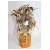Unique Handcrafted Native American Inspired Feathered Mask on Wooden Stand