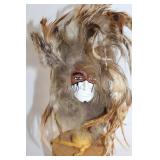 Unique Handcrafted Native American Inspired Feathered Mask on Wooden Stand