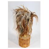 Unique Handcrafted Native American Inspired Feathered Mask on Wooden Stand