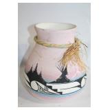 Decorative Pink Ceramic Vase with Native American Art