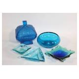 Set of 5 Blue Art Glass Bowls and Dishes