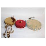 Set of 3 Decorative Handcrafted Drums with Bead and Feather Accents