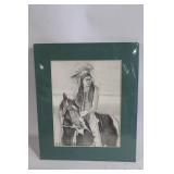 Paula Beck Signed 1992 Pencil Drawing of Native American on Horse