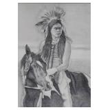Paula Beck Signed 1992 Pencil Drawing of Native American on Horse