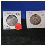 (2) 1943, Toned, Walking Liberty Half $