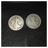 (2) Walking Liberty Half $, worn