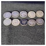 10-Silver Dimes including 2 Mercury