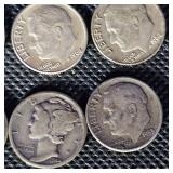 10-Silver Dimes including 2 Mercury