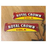 Pair Vintage Royal Crown Cola - Porcelain Keychains/Crate Badge