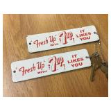 Pair Vintage 7UP - Porcelain Keychains/Crate Badge