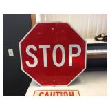 Vintage 30" STOP Sign & "Caution Stop Sign Ahead" Sign 20" x 14"