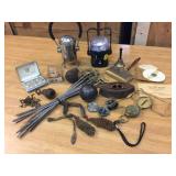 Group Vintage Items - Compass - Cannon Ball - Flashlight - Skewers - Buttons - etc