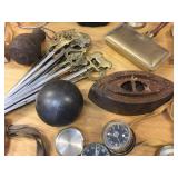 Group Vintage Items - Compass - Cannon Ball - Flashlight - Skewers - Buttons - etc