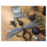 Group Vintage Items - Compass - Cannon Ball - Flashlight - Skewers - Buttons - etc