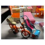 Vintage Barbie and Dollhouse Furniture and Accessories, Includes, Orange Barbie Sized Bike and Little MS Three Wheeler for Barbie