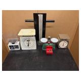 Four Vintage Scales - Balance Beam Scale, Utility Scale, Health O Meter.