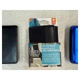 Three Unused Wallets - Leather, Aluminum and Lewis and Clark Data Block