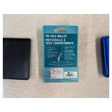 Three Unused Wallets - Leather, Aluminum and Lewis and Clark Data Block