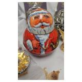 Christmas Lot with Tin Santa holding Pipe, Foil Decorations, Sleigh/Reindeer