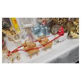 Christmas Lot with Tin Santa holding Pipe, Foil Decorations, Sleigh/Reindeer