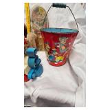 Vintage Wheel of Fortune Game, Hanna Barbara Litho Pail, and Stuffed Anmals