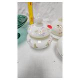 Flower Patter Sug/Creamer, Butter Dish(cracks as Shown), 12" Cake Stand