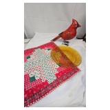 Amberr Glass Serving Tray/Metal Cardinal Sculpture