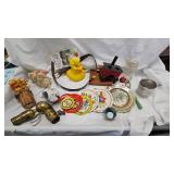 Metal Tea Set Pieces, Rubber Duck, Tin Stove and Light Fixture