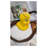 Metal Tea Set Pieces, Rubber Duck, Tin Stove and Light Fixture