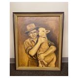 Framed Farmer with Lamb Painting by M. Kelley