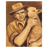 Framed Farmer with Lamb Painting by M. Kelley