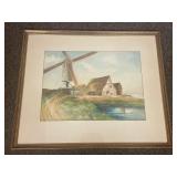 Framed Windmill Scene Watercolor Painting Artwork