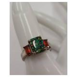 Sterling Silver Opal Triplet Ring with Orange Gems - Size 8.5