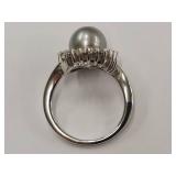 Stunning Sterling Silver Pearl and Diamond Ring - Size 7