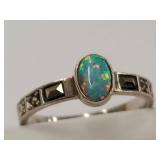 Sterling Silver Opal Ring with Detailed Band Design