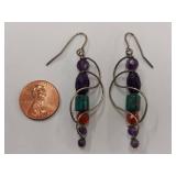 Sterling Silver Earrings with Amethyst, Turquoise, Red Stones