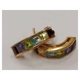 Multi-Gemstone 925 Gold Tone Hoop Earrings