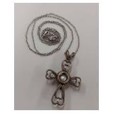 Sterling Silver Heart Cross Pendant Necklace with Pearl