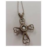 Sterling Silver Heart Cross Pendant Necklace with Pearl