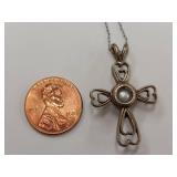 Sterling Silver Heart Cross Pendant Necklace with Pearl