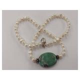 Elegant Sterling Silver Pearl Necklace with Green Stone