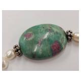 Elegant Sterling Silver Pearl Necklace with Green Stone