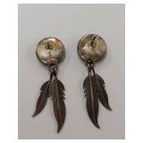 Sterling Silver Feather Earrings with Green Stone