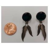 Sterling Silver Feather Earrings with Green Stone