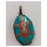 Sterling Silver Pendant with Turquoise and Coral Stone Inlays